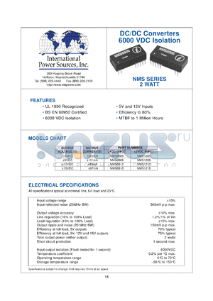NMS1205 datasheet - DC/DC converter, 2 watt. Output voltage +-5VDC. Output current +200mA. Input 12VDC.