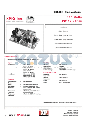 PD110-10MC datasheet - DC/DC converter. Maximum output power 110 W. Output #1: Vnom 5V, Imin 0.0A, Imax 22.0A.