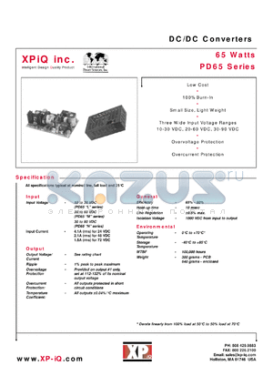 PD65-25LC datasheet - DC/DC converter. Maximum output power 65 W. Input range: 10-30 VDC. Enclosed. Output #1: Vnom +5V, Imin 1.0A, Imax 6.0A. Output #2: Vnom +24V, Imin 0,3A, Imax 2.0A.