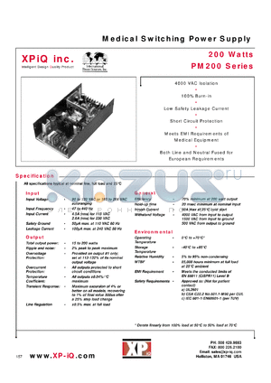 PM200-10B datasheet - Medical switching power supply. Maximum output power 200 W. Output #1: Vnom 5V, Imin 3.0A, Imax 40.0A.