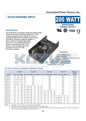 PU200-31C datasheet - Switching power supply, 200W. Output #1: Vnom +5V, Imin 3A, Imax 30A. Output #2: Vnom +12V, Imin 0A, Imax 8A, Ipeak 12A. Output #3: Vnom -12V, Imin 0A, Imax 4A.