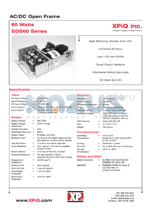 SDS60US03C datasheet - AC/DC open frame, max output power 50W. Output voltage 3.3 VDC. Output current 15.1 A.
