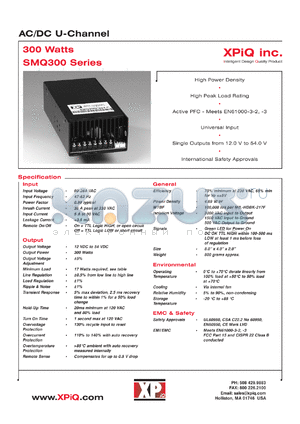 SMQ300PS27-CB datasheet - AC/DC U-channel. Maximum power 300W. Output voltage 27.0 VDC. Constant current version.