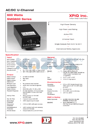 SMQ600PS03-C datasheet - AC/DC U-channel. Maximum power 396W. Output voltage 3.3 VDC. Output current: Imax 120.00A, Ipeak 180.00A.