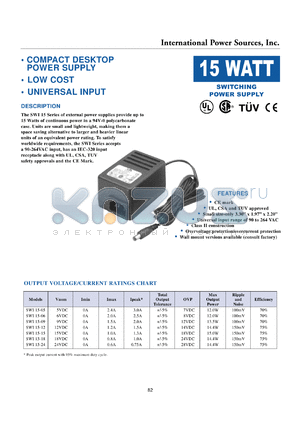 SWI15-05 datasheet - Compact desktop switching power supply. Max output power 12.0W. Vnom 5VDC. Imin 0A, Imax 2.4A, Ipeak 3.0A.