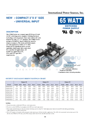 UP0651S-03 datasheet - 65W AC/DC switching power supply. Vnom 15V, Imin 0A, Imax 4.3A.