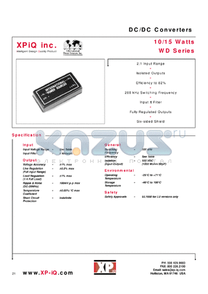 WD303L datasheet - DC/DC converter, 10 watts. Input voltage 9.0-18.0 VDC. Output voltage 15.0 VDC. Output current 666 mA. Input current 30 mA(no load), 1065 mA(full load).