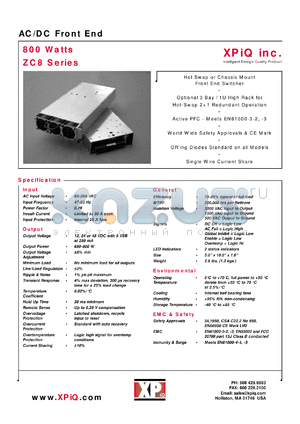 ZCA8HPS48 datasheet - AC/DC front end. Maximum power 800W. Output voltage 48.0V, current 16.7A. Package style hot swap. Standard airflow.