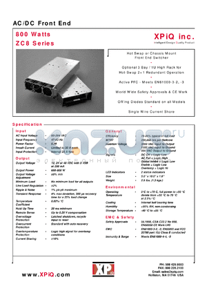 ZCA8CPS24R datasheet - AC/DC front end. Maximum power 700W. Output voltage 24.0V, current 29.2A. Package style chassis mount. Reverse airflow.