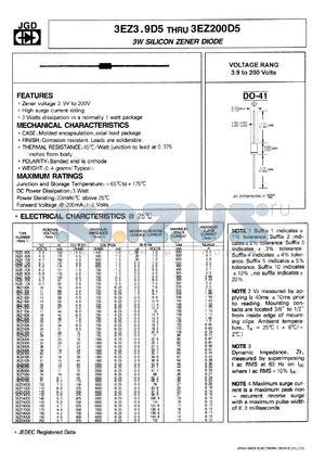 3EZ20D4 datasheet - 3 W, silicon zener diode. Nominal voltage 20 V, current 37 mA, +-4% tolerance.