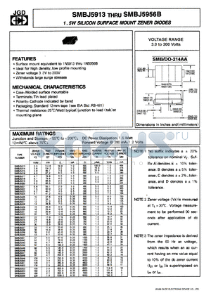 SMBJ5950D datasheet - 1.5W silicon surface mount zener diode. Zener voltage 110 V. Test current 3.4 mA. +-1% tolerance.