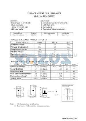 LEM-54121T datasheet - Surface mount chip LED lamp. Emmitted color: ultra yellow green. Wavelength 574 nm. Power dissipation 78 mW. Reverse vopltage 5 V.