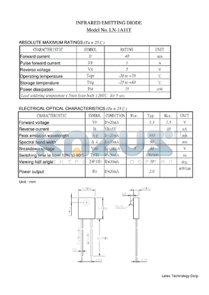 LN-1A11T datasheet - Infrared emitting diode. Forward current 40 mA. Pulse forward current 1 A. Reverse voltage 5 V.