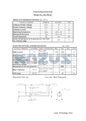 LR-3B12C datasheet - Phototransistor. Collector-emitter voltage 30 V. Emitter-collector voltage 6 V. Collector current 20 mA. Power dissipation 100 mW.