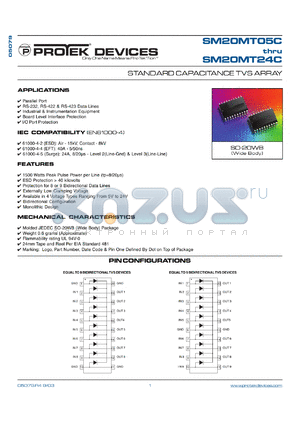 SM20M05C datasheet - 5.0V; 1500Watt; standard capacitance TVS array. For RS-232/422/423, portable electronics, board level interface connection, multiple I/O port protection