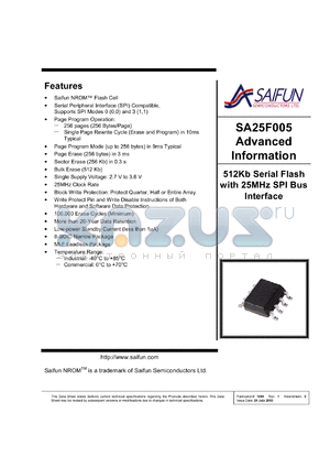 SA25F005LENFX datasheet - 2.7-3.6V; 512Kb serial flash with 25MHz SPI bus interface