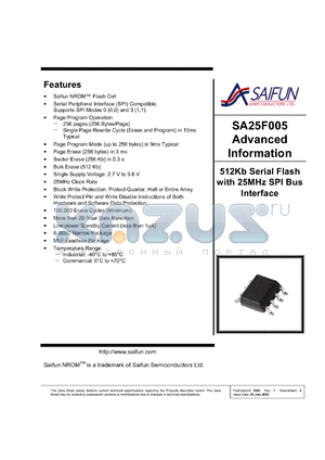 SA25F005LEM8 datasheet - 2.7-3.6V; 512Kb serial flash with 25MHz SPI bus interface