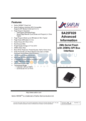 SA25F020LNX datasheet - 2.7-3.6V; 2Mb serial flash with 25MHz SPI bus interface
