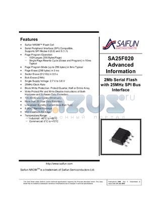 SA25F020LM8X datasheet - 2.7-3.6V; 2Mb serial flash with 25MHz SPI bus interface