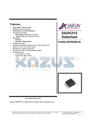 SA24C512LZMFFX datasheet - 2.7-3.6V; 512Kb EEPROM IIC
