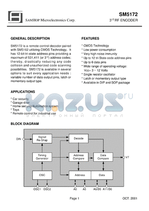 SM5172S-L3 datasheet - 3-12V; 3 RF encoder. For car security, garage door, ceiling fan, home security/automatic, toys