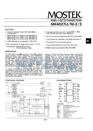 MK4027N-1 datasheet - 4096x1-bit dynamic RAM, 120ns acces time. 320ns cycle.