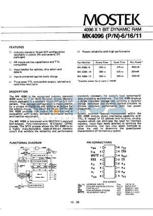 MK4096P-16 datasheet - 4096x1-bit dynamic RAM, 300ns acces time, 425ns cycle time, max. power 385mW.