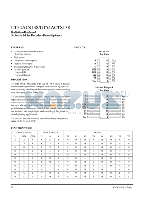 UT54ACTS138 datasheet - Radiation-hardened 3-line to 8-line decoder/demultiplexer.