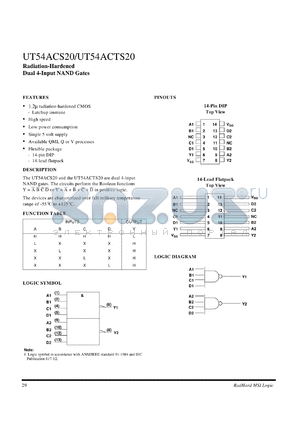 UT54ACTS20 datasheet - Radiation-hardened dual 4-input NAND gate.