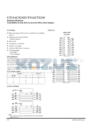 UT54ACS240 datasheet - Radiation-hardened octal buffer & line driver, inverted three-state outputs.