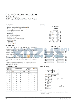 UT54ACTS253 datasheet - Radiation-hardened dual 4-input multiplexer, three-state outputs.