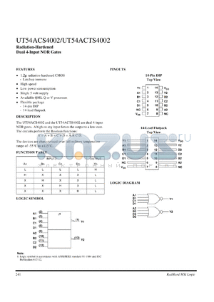 UT54ACS4002 datasheet - Radiation-hardened dual 4-input NOR gate.