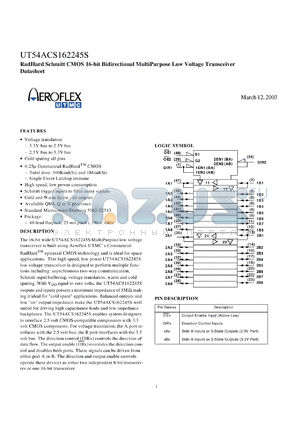 UT54ACS16225SLVUPC datasheet - RadHard schmitt CMOS 16-bit bidirectional multipurpose low voltage transceiver. CMOS compatible I/O level.  Lead finish gold. Prototype flow.