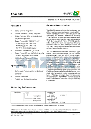 APA4863RI-TU datasheet - 6 V, stereo 2.2 W audio power amplifier