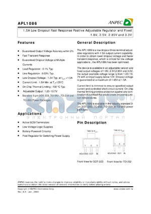 APL1086-GC-TR datasheet - Adj, 1.5 A low dropout fast response positive adjustable regulator and fixed