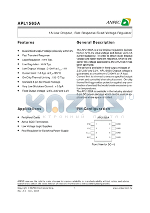 APL1565A-33KC-TU datasheet - 3.3 V, 1 A low dropout, fast response fixed voltage regulator