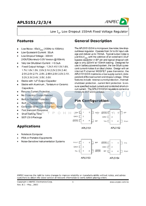 APL5154-22BC-TR datasheet - 2.2 V,  low IQ, low dropout 150 mA fixed voltage regulator