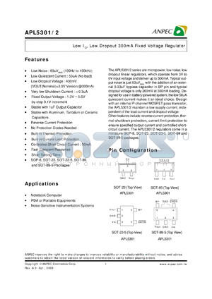 APL5301-17AI-TR datasheet - 1.7 V,  low IQ, low dropout 300 mA fixed voltage regulator