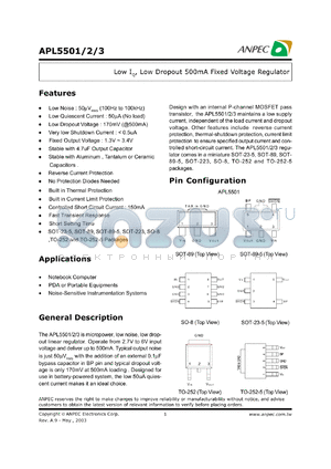 APL5501-25BC-TR datasheet - 2.5 V,  low IQ, low dropout 500 mA fixed voltage regulator