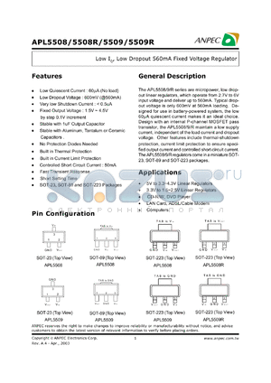 APL5509R-15AC-TR datasheet - 1.5 V,  low IQ, low dropout 560 mA fixed voltage regulator