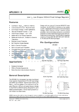 APL5901-13DC-TR datasheet - 1.3 V,  low IQ, low dropout 900 mA fixed voltage regulator