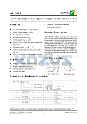 APL5883-EC-TR datasheet - Adj,  300 mA low dropout linear regulator of adjustable and fixed voltage