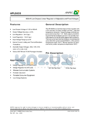 APL5835-27DC-TU datasheet - 2.7 V,  450 mA low dropout linear regulator of adjustable and fixed voltage