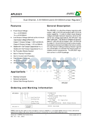 APL5521-KC-TUL datasheet - Dual-channel, 3.3 V/500 mA and 2.5 V/300mA  linear regulator