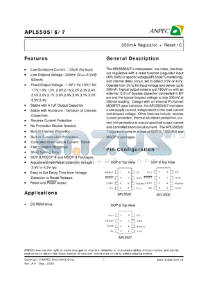 APL5507-A13OI-TR datasheet - 1.3 V, 500 mA regulator + reset IC
