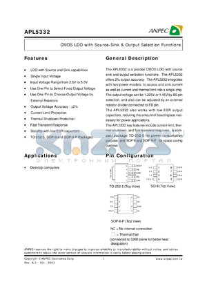 APL5332-KC-TR datasheet - CMOS LDO with source-sink and output selection function
