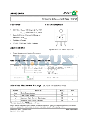 APM3007NGC-TU datasheet - 30 V, N-channel enhancement mode MOSFET