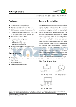 APR3001-17AC-TR datasheet - 1.75 V, micropower microprocessor reset circuit