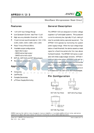 APR3012-17AI-TR datasheet - 1.75 V, micropower microprocessor reset circuit