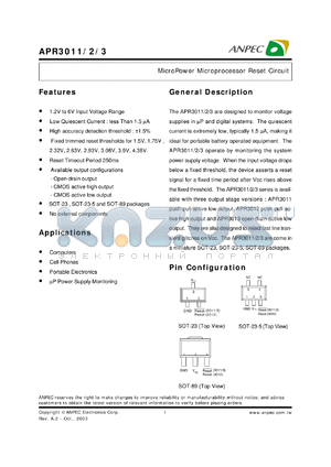 APR3013-39BI-TR datasheet - 3.9 V, micropower microprocessor reset circuit